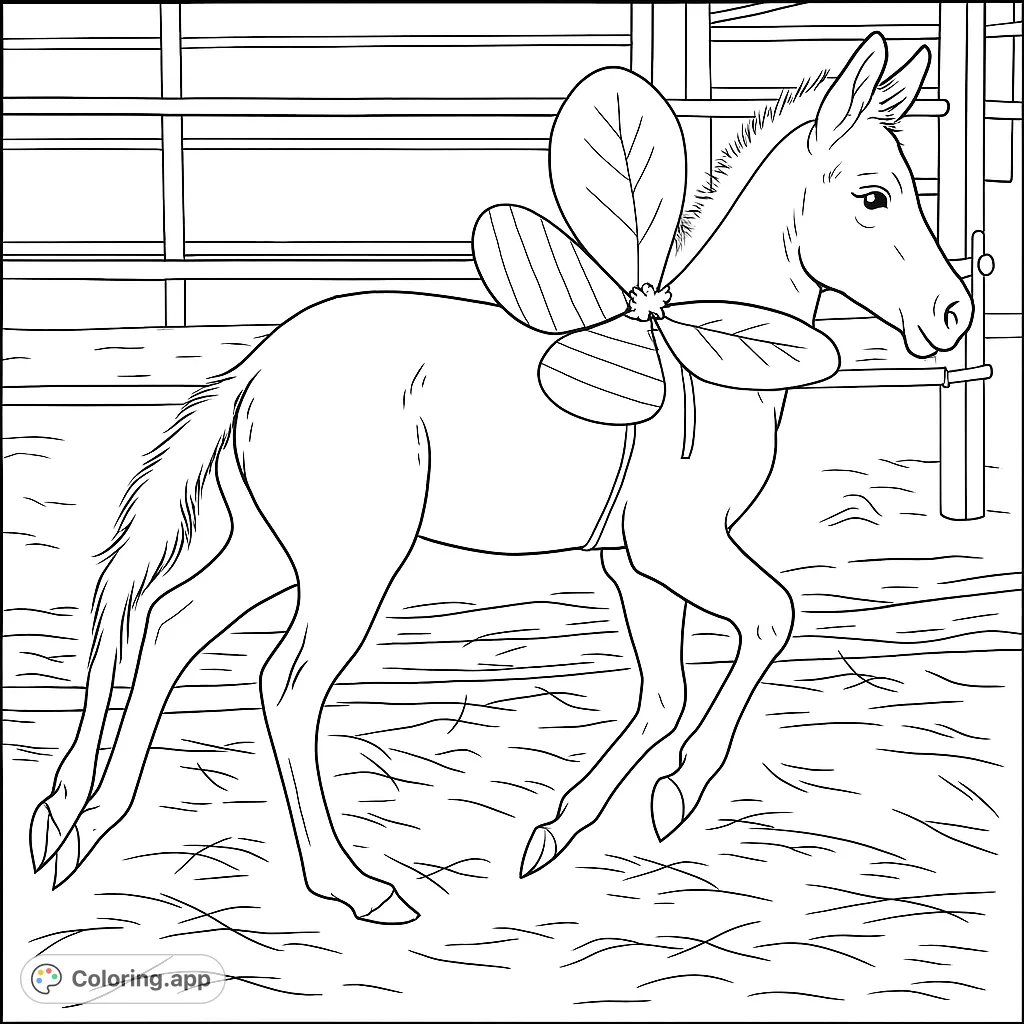 An adorable mule foal wearing whimsical bee wings, ready for a creative coloring adventure. Perfect for animal lovers of all ages!