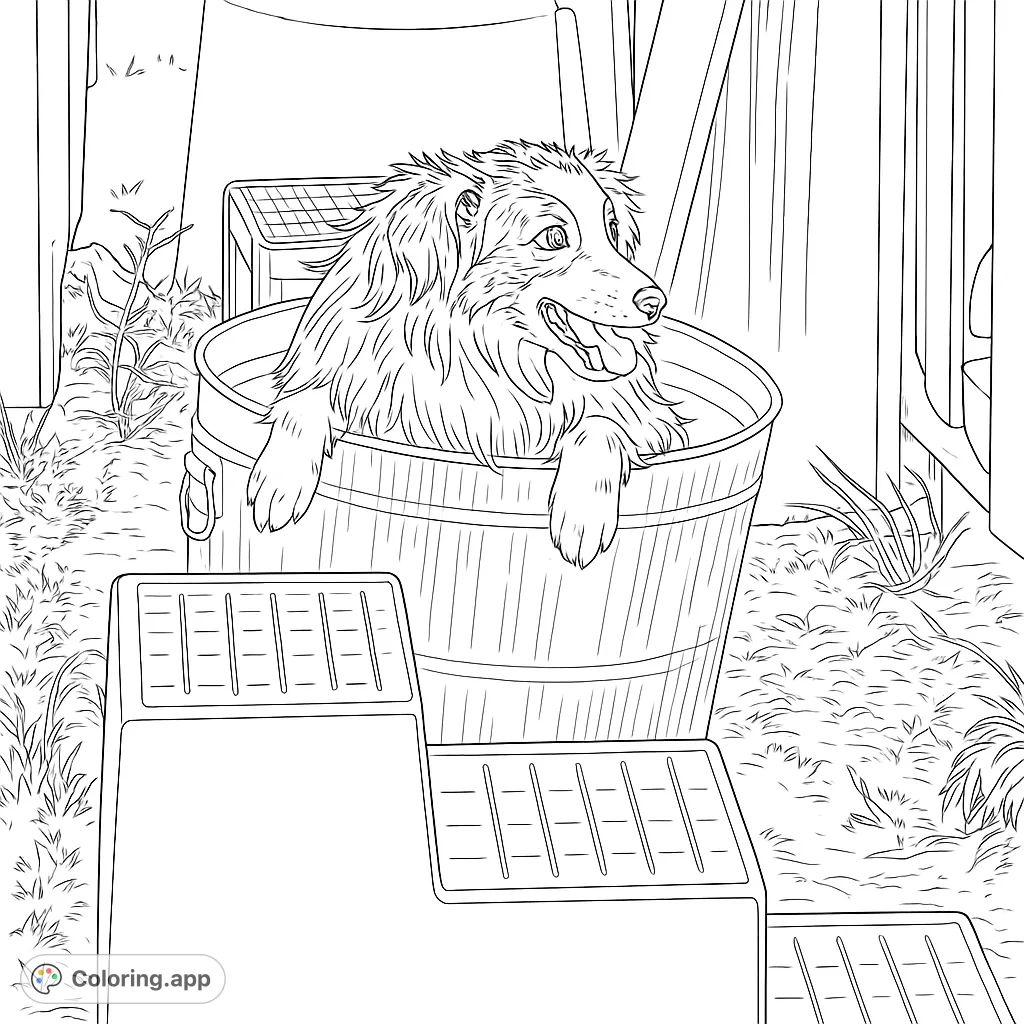 A charming dog peeks out from a metal bucket, ready for a playful coloring adventure. Perfect for animal lovers and creative minds.