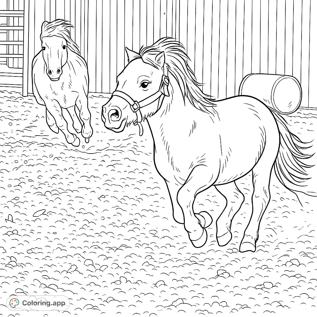 Capture the joy of two playful ponies galloping through a dusty arena. A dynamic scene perfect for animal lovers and aspiring artists.