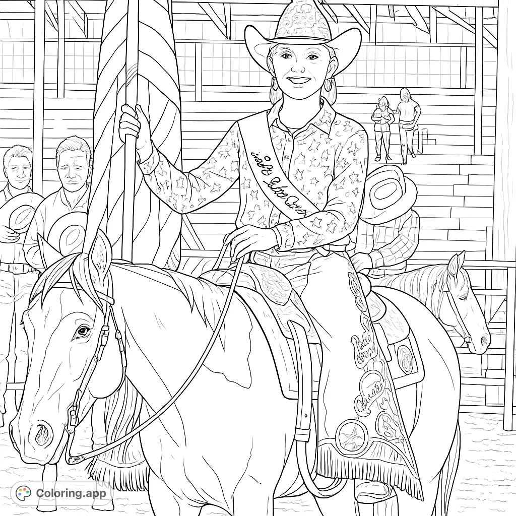 A proud rodeo queen on her horse, holding a flag, ready for a parade. Features a detailed horse, elaborate attire, and a festive atmosphere.