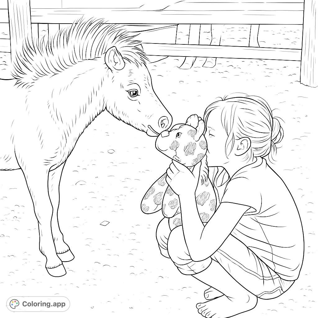Capture a heartwarming moment between a girl, a miniature horse, and a stuffed toy. A charming scene of friendship and gentle interaction.