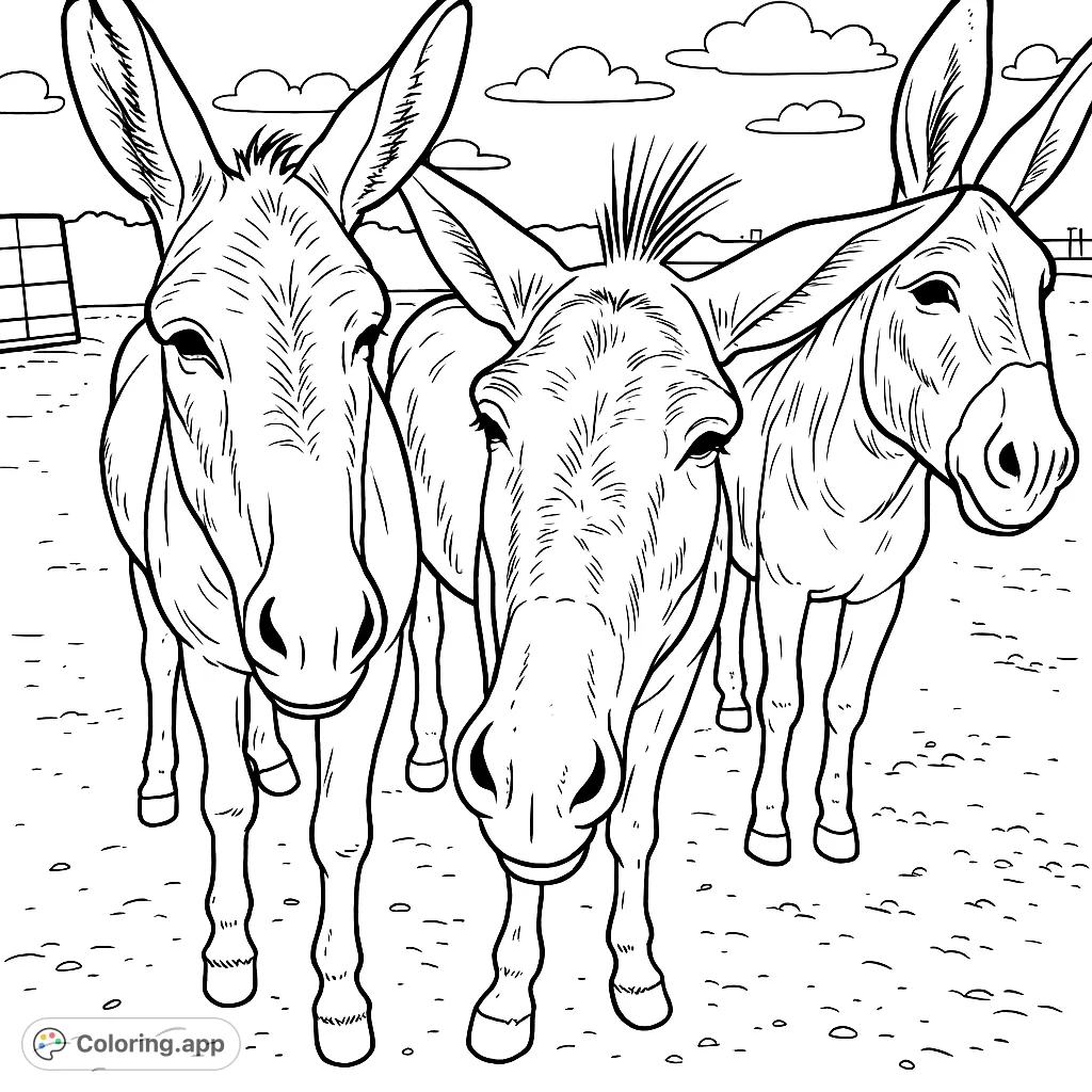 Color three friendly donkeys with unique markings in a rural setting. A charming animal scene perfect for all ages to enjoy and personalize.