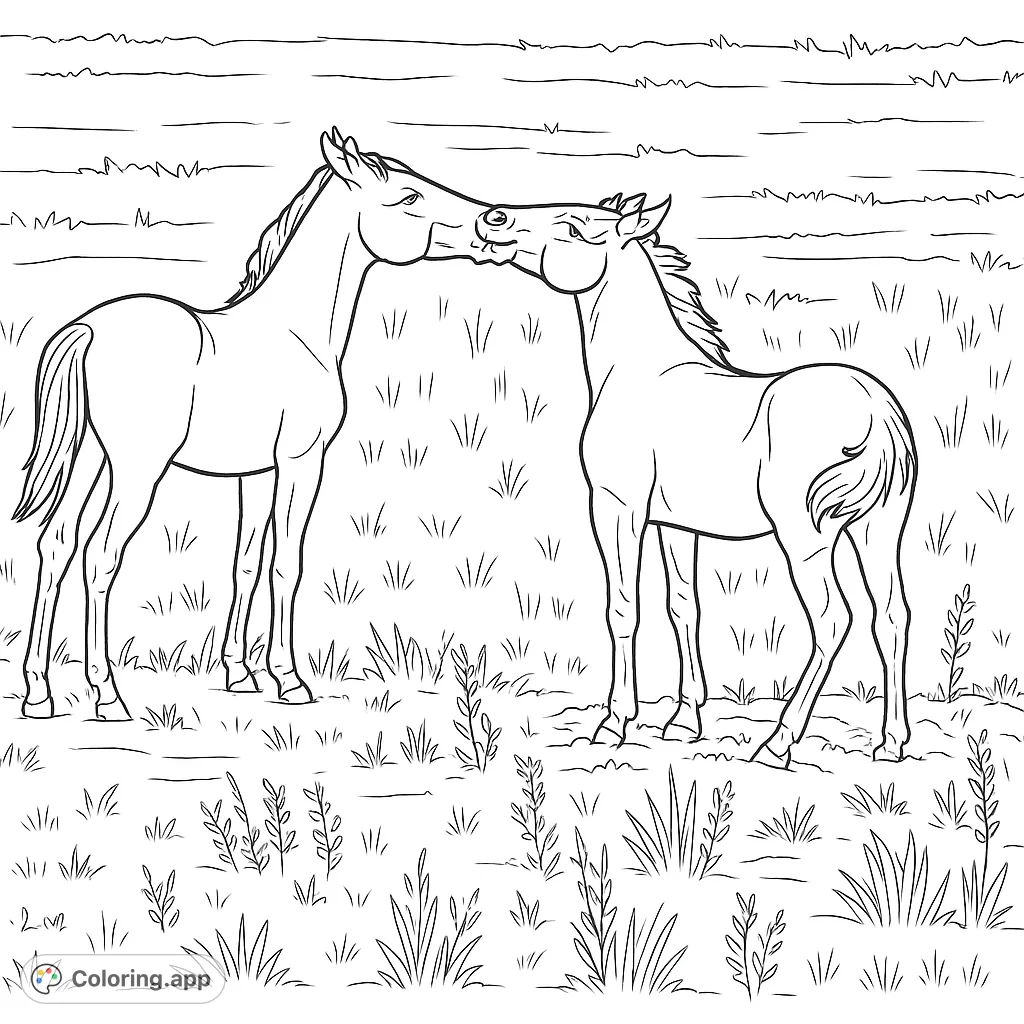 Capture the tender moment of two young horses nuzzling in a vast, open field. A heartwarming scene perfect for animal lovers to bring to life with their favorite shades.