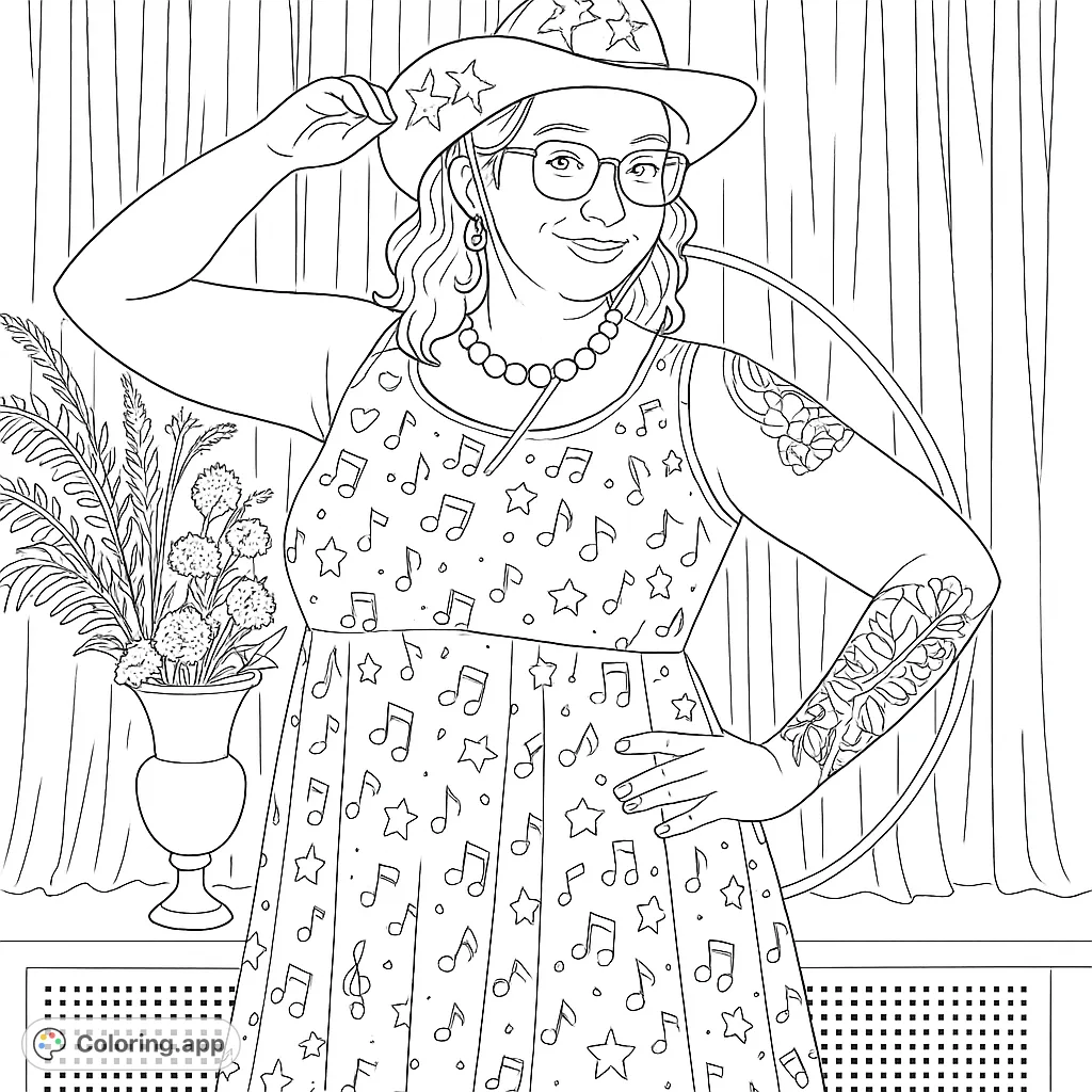 A vibrant musical cowgirl in a star-studded hat and a dress adorned with notes and stars, ready for a creative coloring adventure.