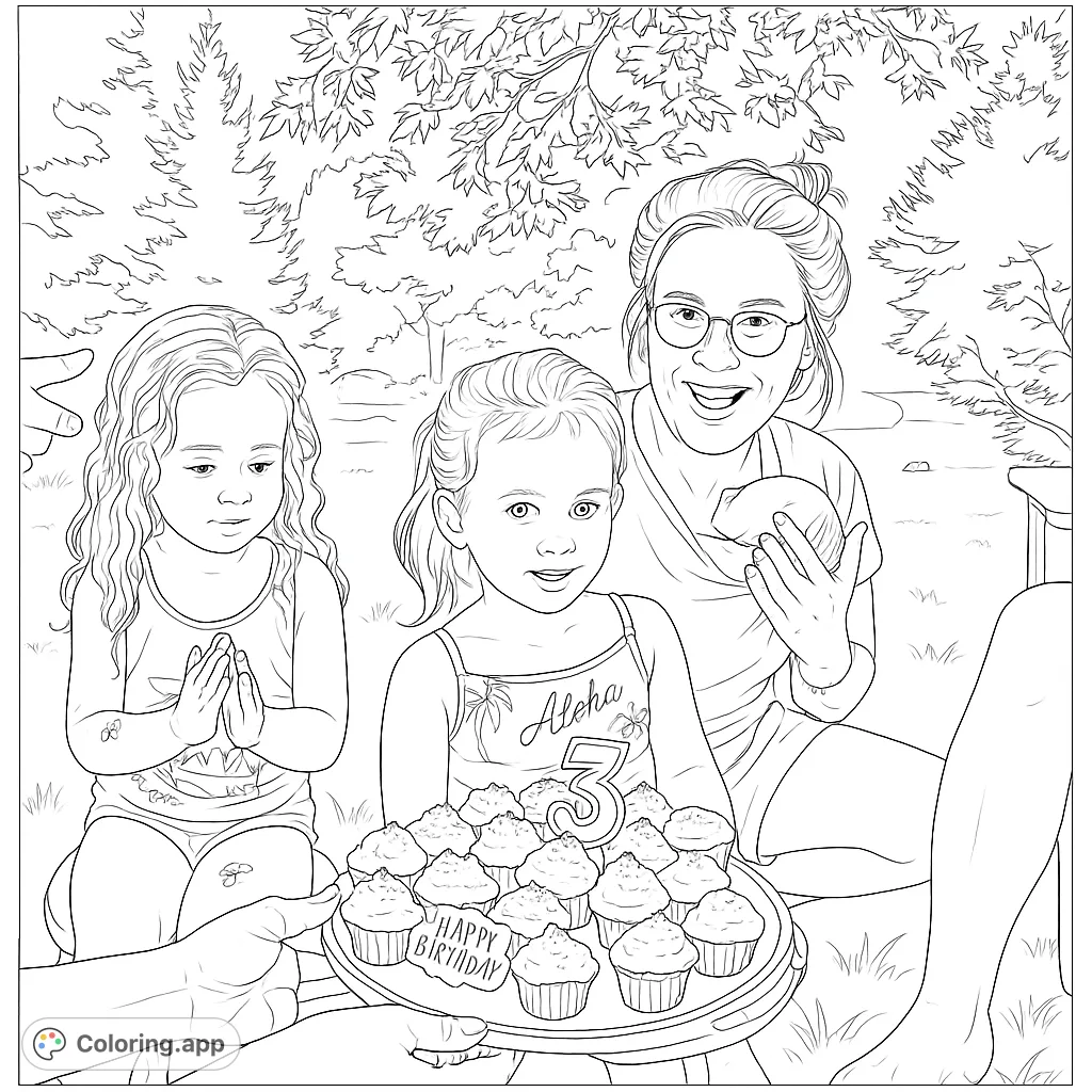 Celebrate a joyful outdoor birthday with family and delicious cupcakes. This realistic coloring page captures a heartwarming moment for all ages.