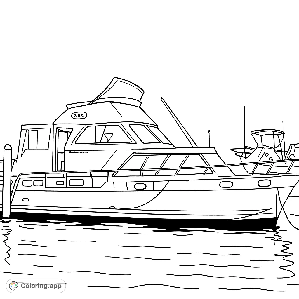 Color a detailed yacht docked at a pier, featuring intricate cabin structures, railings, and a serene marina backdrop. Perfect for boat enthusiasts.