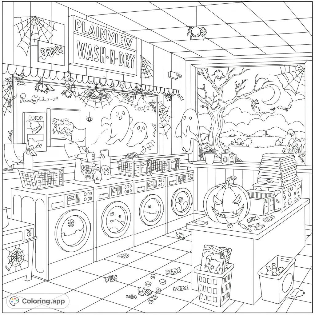 Enter the spooky Plainview Wash-N-Dry, a vintage laundromat transformed for Halloween with grinning pumpkins, friendly ghosts, and playful spiders. A fun Halloween coloring page.