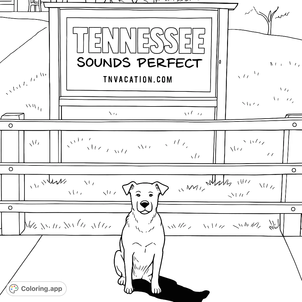 A charming dog sits proudly before a Tennessee sign, inviting you to explore the state's beauty. A delightful scene for all ages to color.