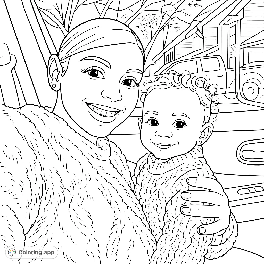 A heartwarming mother and child portrait, capturing a tender moment in a vehicle. Perfect for family-themed coloring.