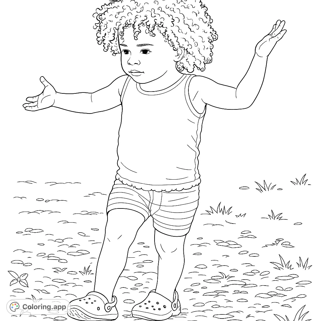 A delightful coloring page featuring a playful child with curly hair, balancing in an outdoor setting. Perfect for young artists to explore creativity.