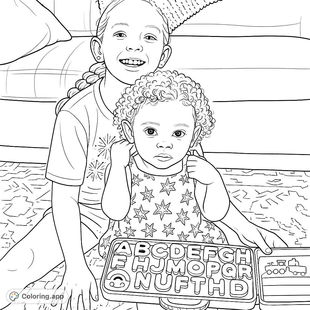 A heartwarming scene of two sisters playing with an alphabet toy. Perfect for teaching letters and fostering creativity in a fun, engaging way.