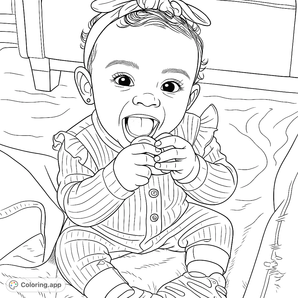 A delightful coloring page featuring a happy baby with a big smile, wearing a ribbed romper and a bow headband, perfect for all ages.