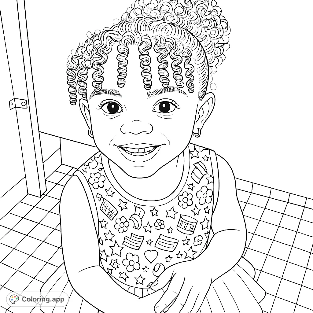 An adorable child with a joyful smile and distinctive curly hair, wearing a patterned top and fluffy skirt, ready for creative coloring fun.
