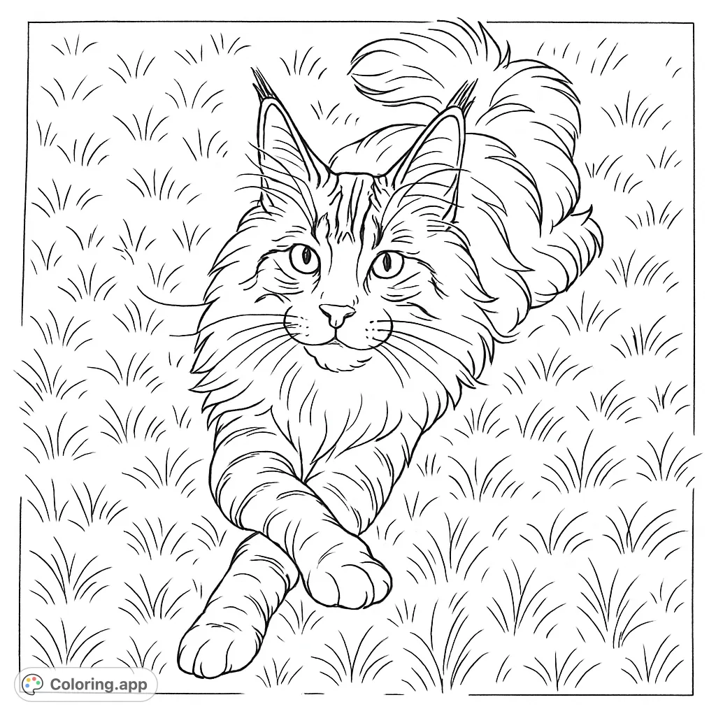 A majestic long-haired cat with a fluffy mane and crossed paws, resting on a grassy field. Perfect for cat lovers and all ages.