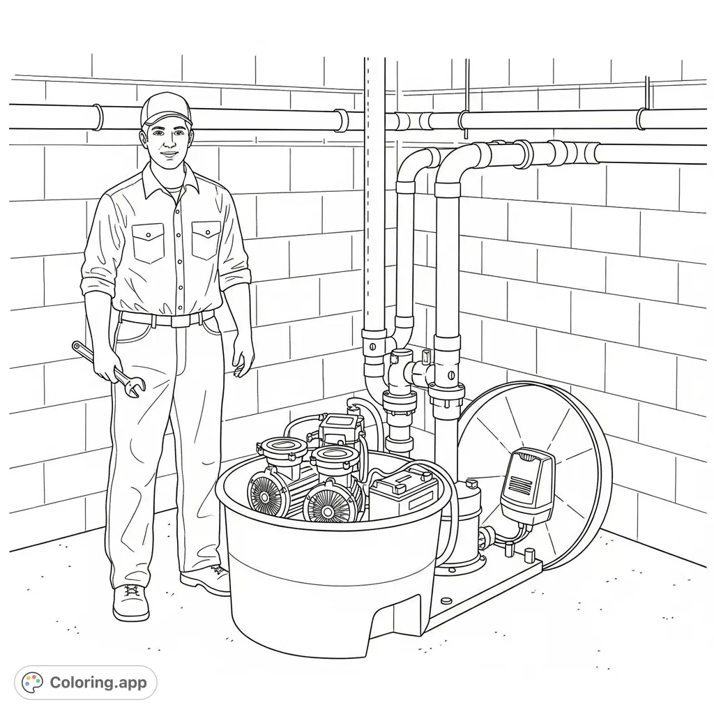 Explore a detailed basement waterproofing coloring page featuring a worker maintaining a TripleSafe sump pump. Perfect for home improvement enthusiasts.