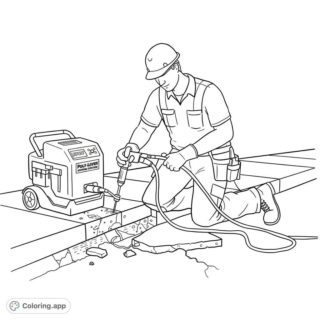 A detailed coloring page showing a contractor using specialized equipment to repair and lift an uneven concrete sidewalk, perfect for all ages.