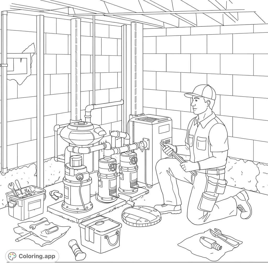 A contractor meticulously works on a multi-pump sump system in a detailed basement setting, perfect for home improvement enthusiasts.