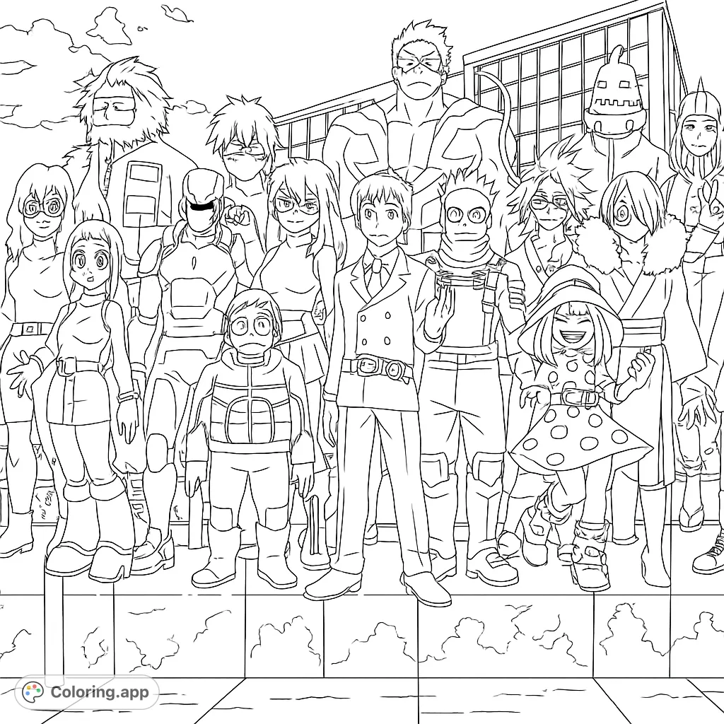 Color a dynamic group of diverse characters with unique costumes and expressions, set against a modern building backdrop. Perfect for anime fans!