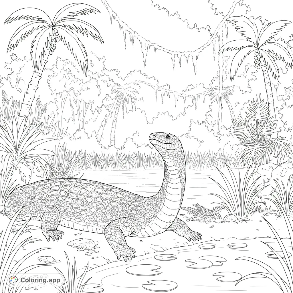 Explore a prehistoric swamp with a gentle Titanoboa, surrounded by lush Paleocene flora and a soft mist, perfect for a unique coloring adventure.