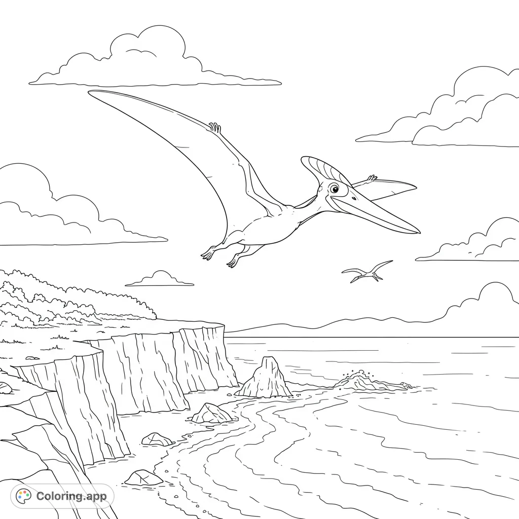 Soar with a friendly Pteranodon above dramatic coastal cliffs and crashing waves. A captivating prehistoric scene for all ages to bring to life.