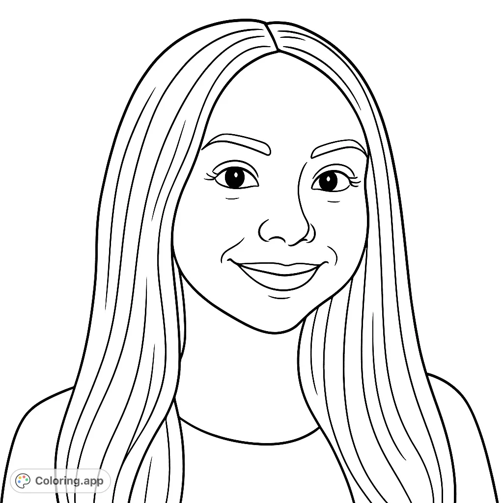 A captivating portrait of a smiling young woman, perfect for personalizing with your favorite colors. Ideal for all ages to enjoy creative expression.