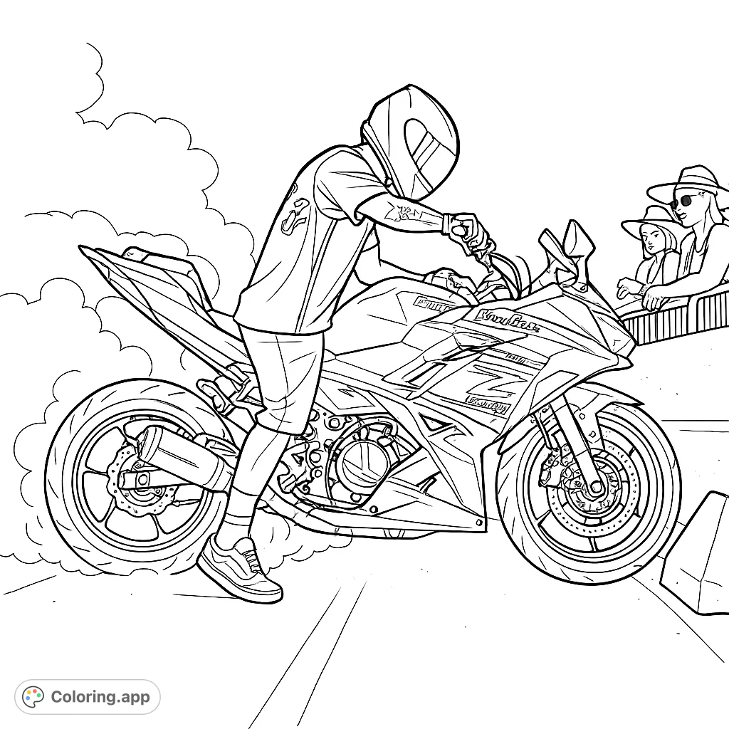 Experience the thrill of a motorcycle burnout! This action-packed coloring page features a stunt rider on a sport bike, enveloped in a cloud of smoke.
