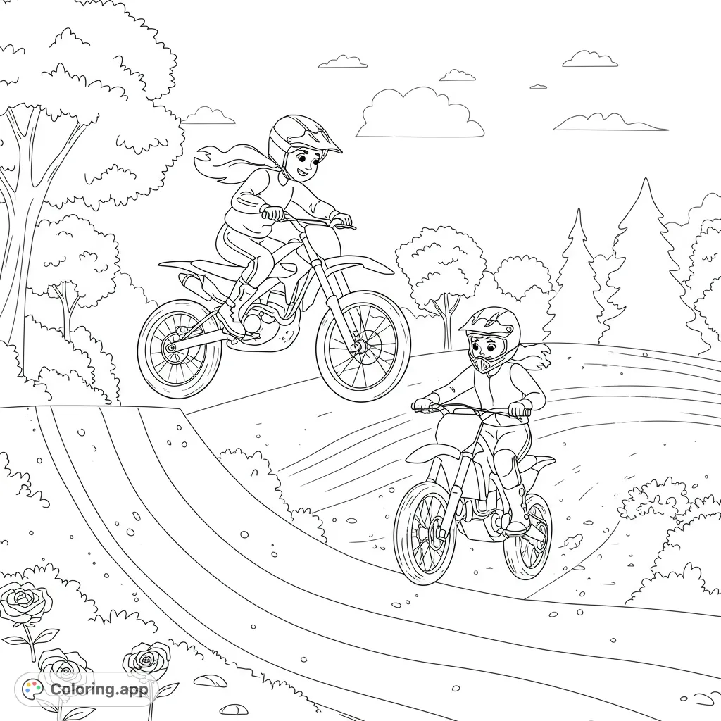 Two adventurous girls on motorcycles navigate a dynamic dirt course, one mid-air over a ramp, the other approaching bumps. Features bold patterns and motion.