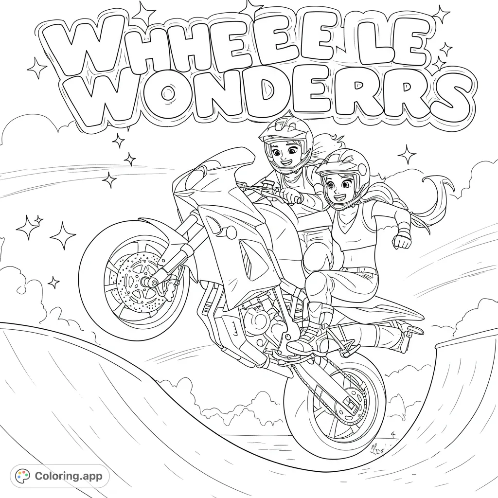 Experience the thrill of two young girls performing dynamic motorcycle stunts mid-air, one in a wheelie and the other leaning into a sharp turn, set against a motion-filled sky.