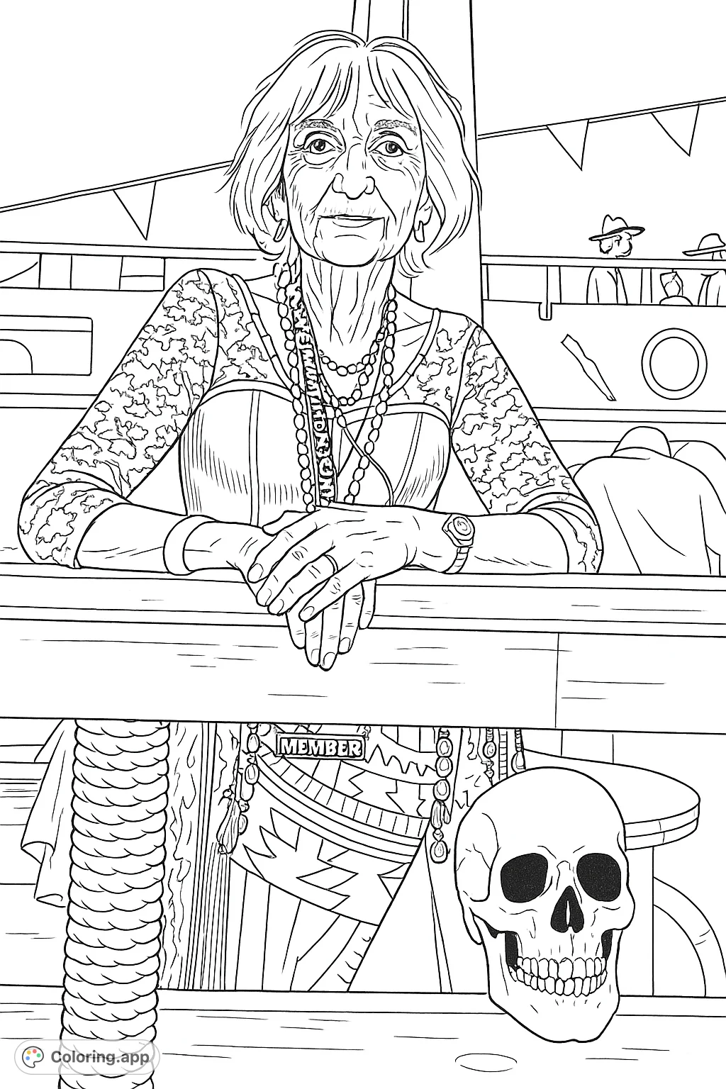 An elegant woman in a detailed pirate-inspired costume, adorned with glowing necklaces, rests her hands on a railing, with a skull and rope below.