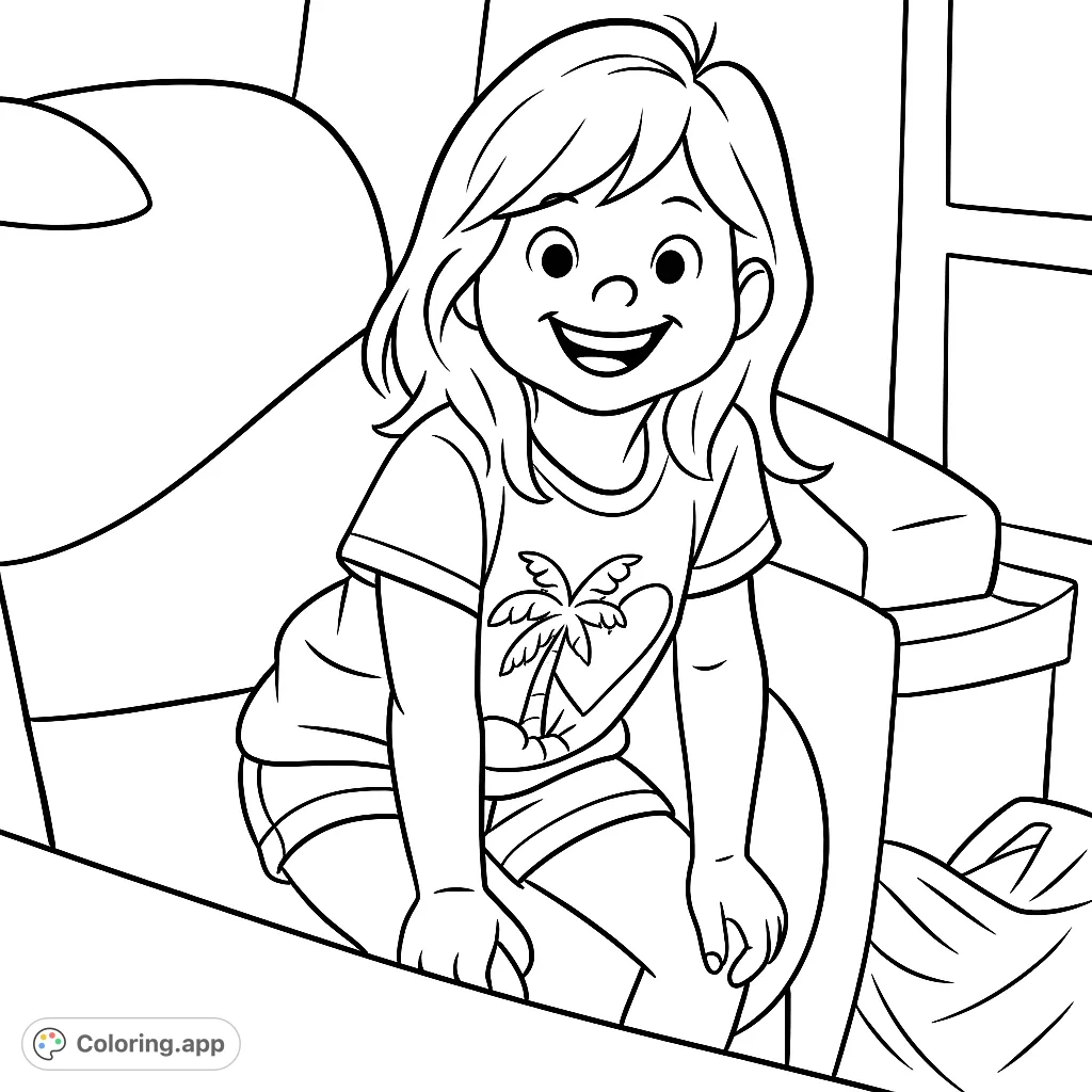 A delightful coloring page featuring a smiling child sitting on a cozy sofa, perfect for young artists to bring to life with their favorite hues.