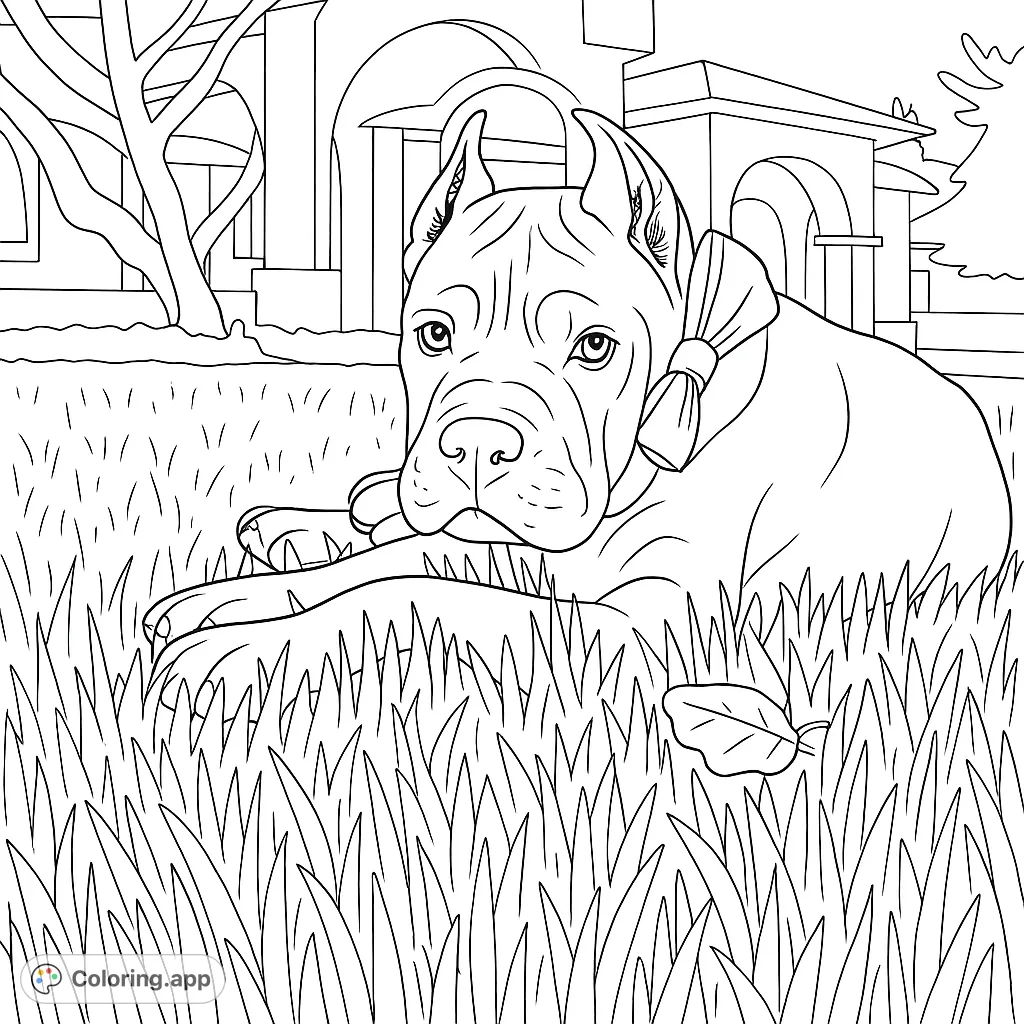 An adorable puppy with a charming bow rests on a lush grassy lawn, inviting you to add vibrant life to this heartwarming scene. Perfect for animal lovers!