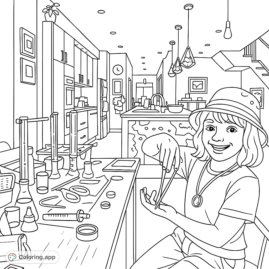 A cheerful child explores science with a stretchy substance and lab equipment on a busy table. Perfect for young scientists to color and imagine!