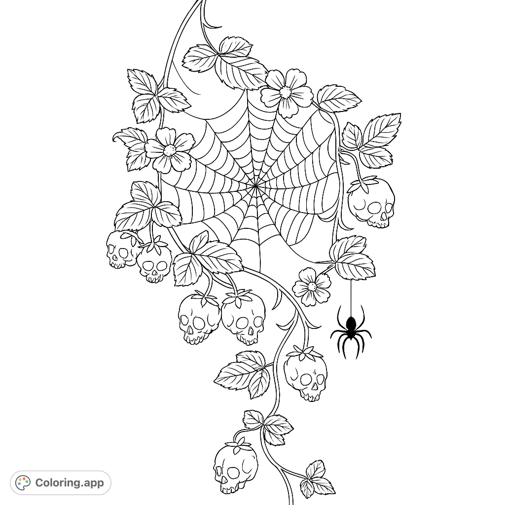 Explore a unique gothic botanical scene featuring skull-shaped berries, a detailed spiderweb, and a dangling spider. Perfect for dark fantasy fans.