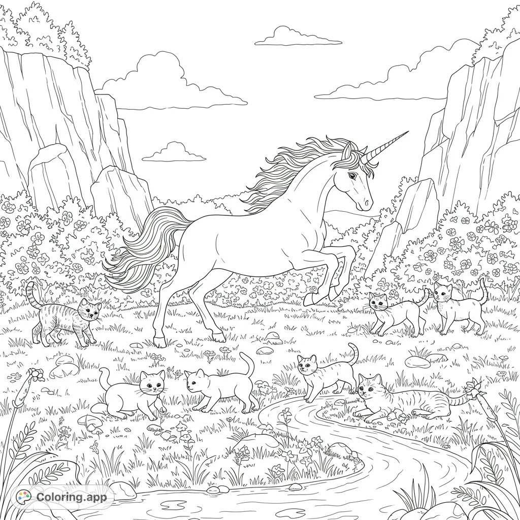 Discover a magical unicorn and playful kittens leaping and resting in a serene grassy field, framed by majestic rock cliffs and a flowing creek.