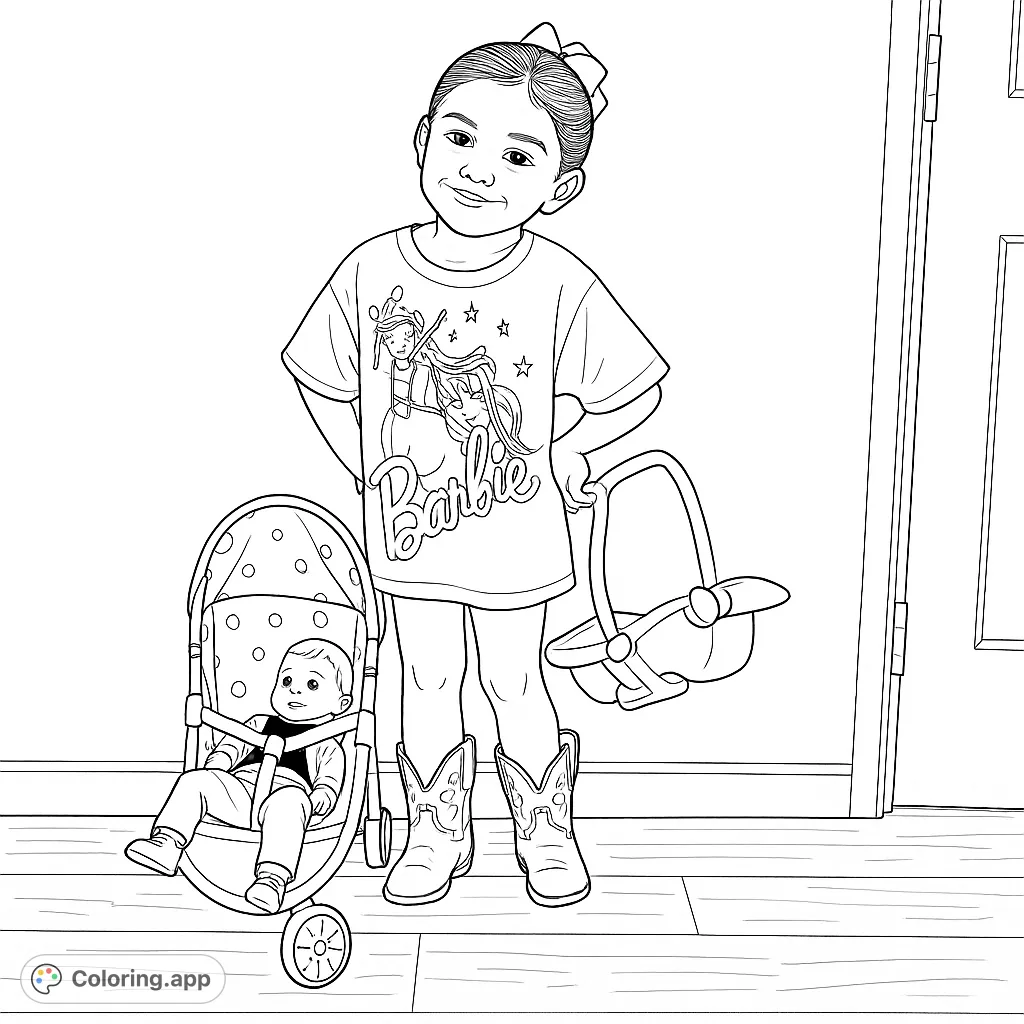 A delightful playtime scene featuring a child with their doll and accessories, perfect for young colorists to explore creativity and imagination.