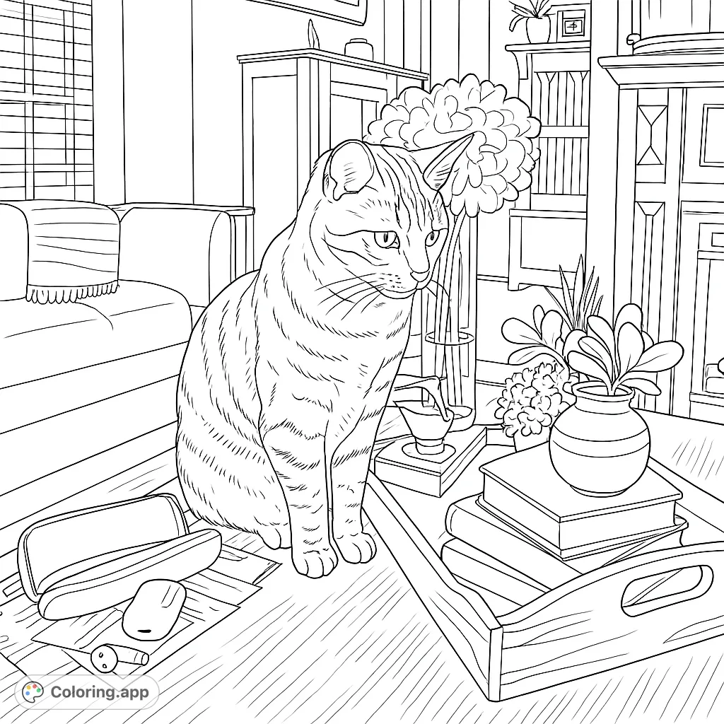 A charming cat sits on a coffee table amidst household items, offering a delightful scene for a cozy coloring experience. Perfect for pet lovers.
