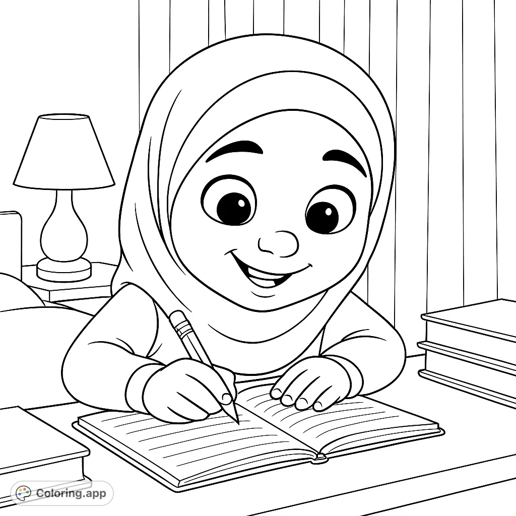 A delightful coloring page featuring a cheerful child in a hijab, focused on writing in a notebook. Perfect for inspiring young learners.