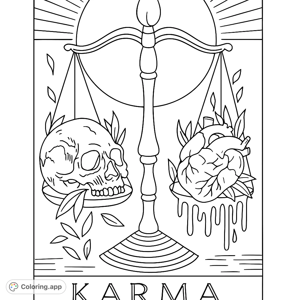 Explore the symbolic balance of a skull and heart on scales, representing karma. A detailed design for thoughtful coloring.