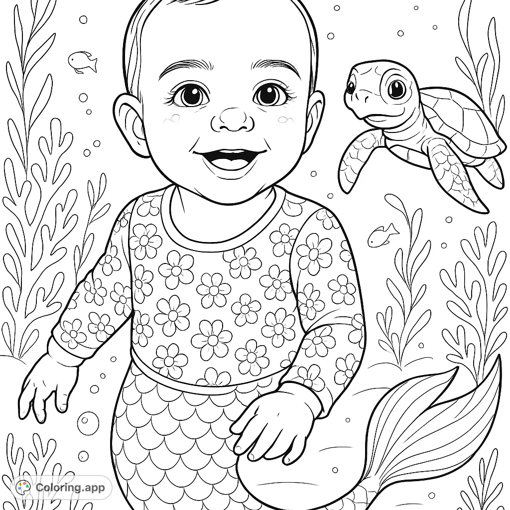 Dive into a whimsical underwater world with a cheerful baby mermaid, friendly sea creatures, and vibrant coral. A delightful fantasy scene for all ages.