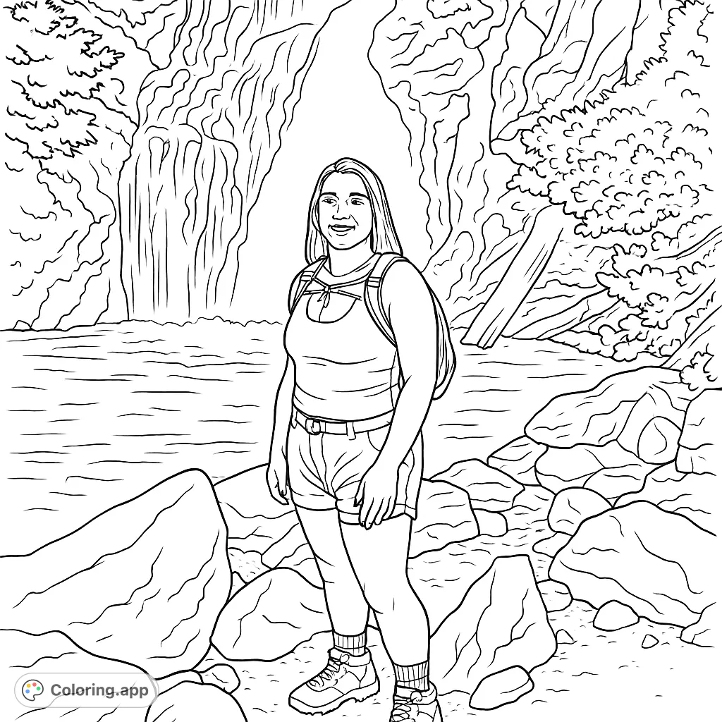 A smiling woman stands before a majestic waterfall, surrounded by rocks and lush foliage. Perfect for nature lovers and outdoor enthusiasts.