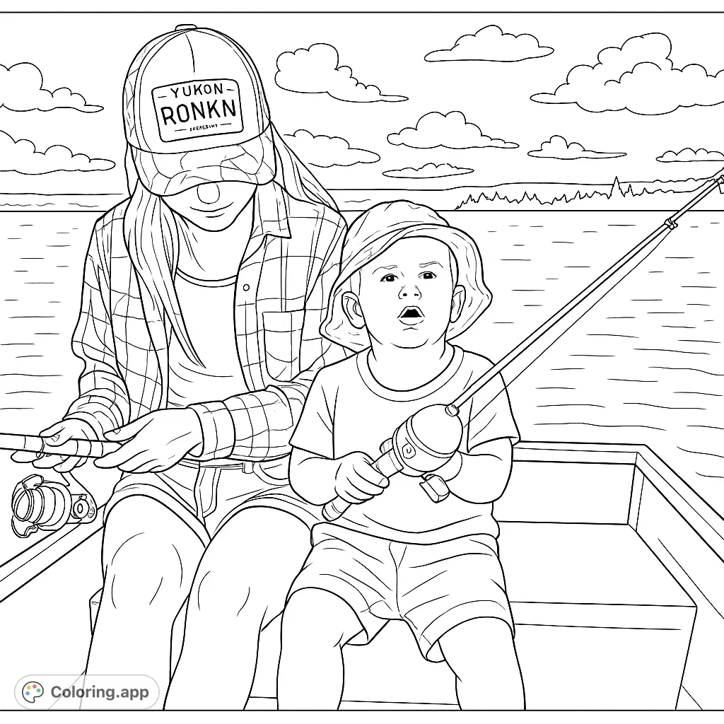 A heartwarming fishing scene featuring a woman and child in a boat on a lake, perfect for a relaxing coloring experience.