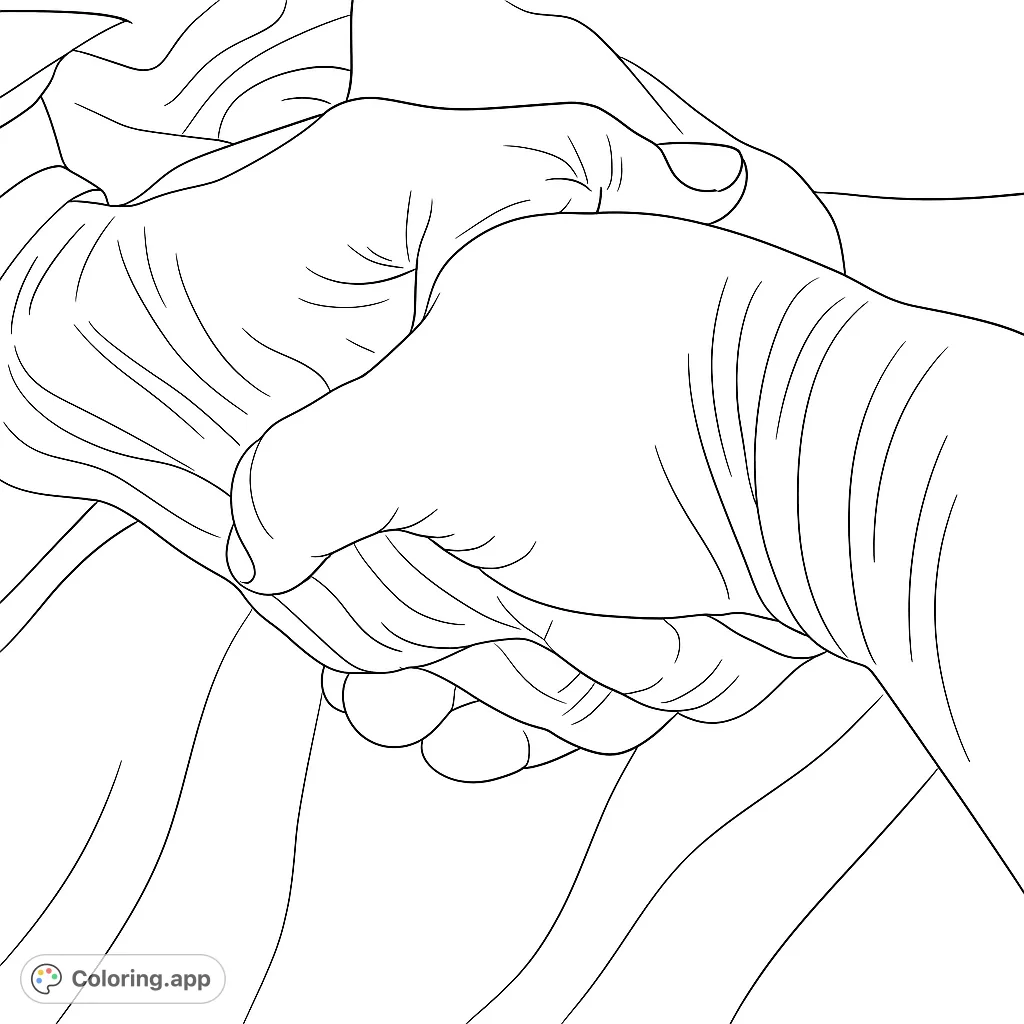 A tender image of two hands clasped together, symbolizing connection and support. Perfect for a meaningful and reflective coloring experience.