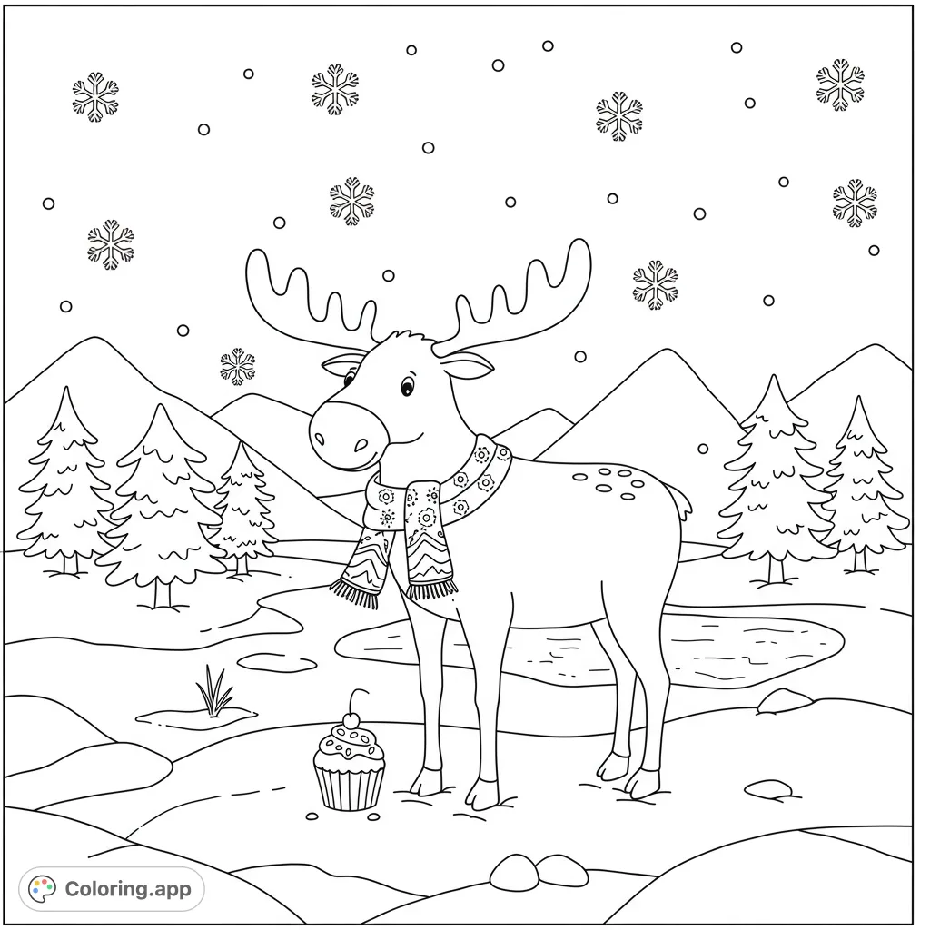 A charming cartoony moose in a scarf enjoys a cupcake in a snowy landscape with pine trees and mountains. A delightful winter scene for kids.