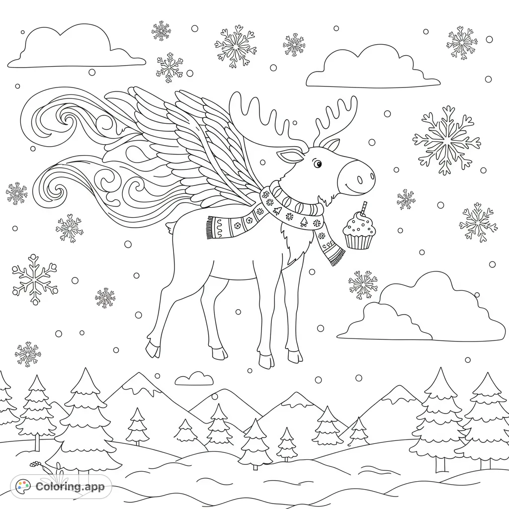 A charming flying moose with a scarf and cupcake soars over a snowy landscape with mountains and pinetrees, perfect for a whimsical moose coloring page.