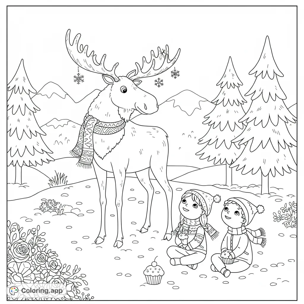 A heartwarming moose coloring page featuring a gentle moose, two children, and a snowy forest scene with mountains and snowflakes. Perfect for kids!