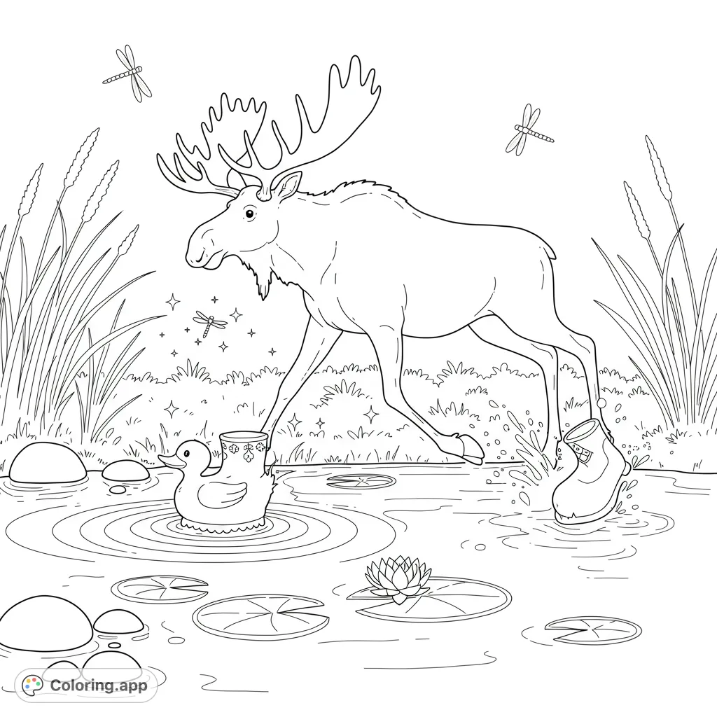 Discover the enchanting Magic Moose Winter Adventure coloring page, featuring a whimsical moose in a rubber ducky boot amidst a snowy, cartoony landscape. Perfect for kids!