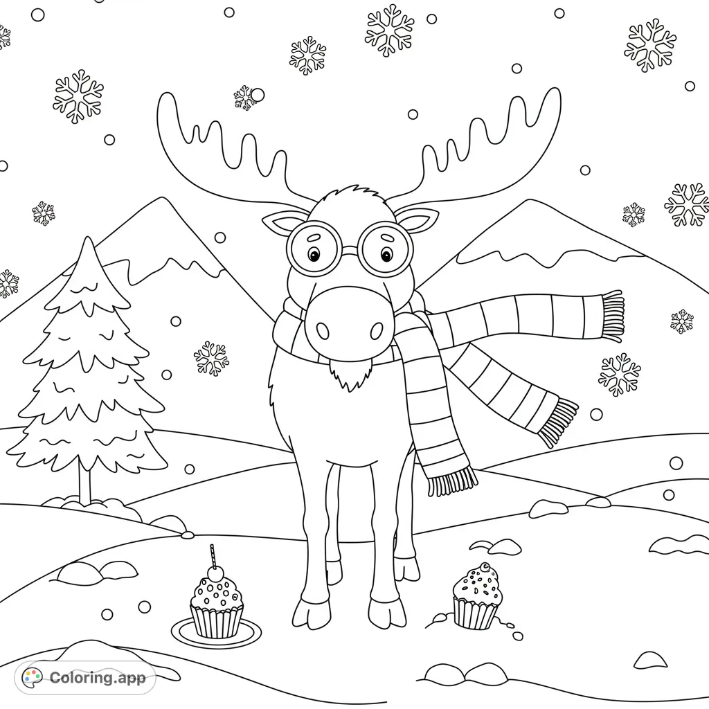 Discover a charming magic moose wearing goggles and a scarf in a snowy mountain scene, complete with a pinetree and cupcake. A delightful winter coloring page!