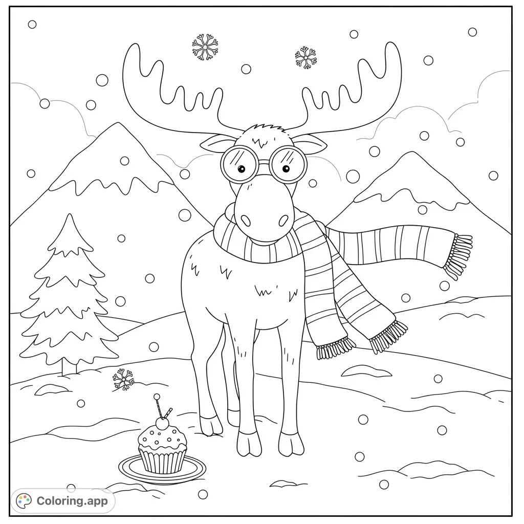 Discover a charming magic moose wearing goggles and a scarf in a snowy mountain scene, complete with a pinetree and cupcake. A delightful winter coloring page!