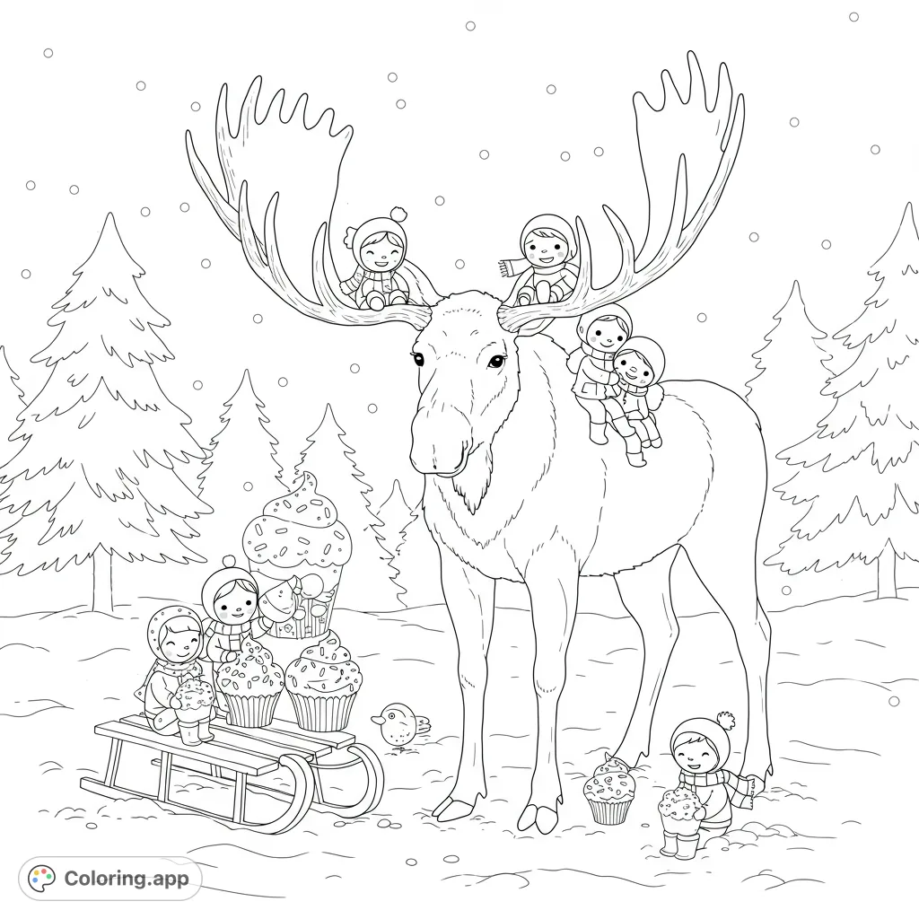 A heartwarming winter scene featuring a gentle moose, children with cupcakes, and falling snowflakes, perfect for a cozy coloring adventure.