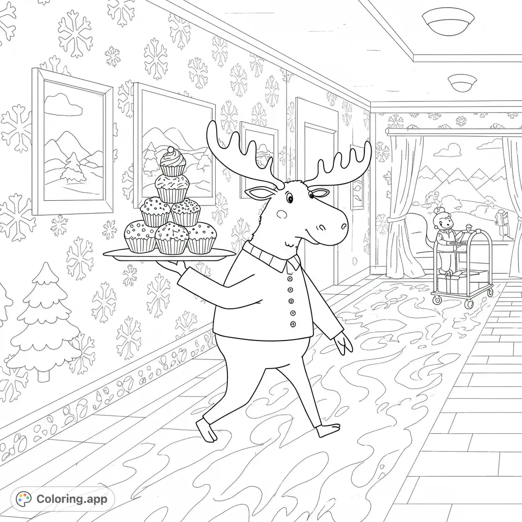 A charming moose delivers cupcakes in a grand hotel, a whimsical scene perfect for a delightful coloring adventure. Features a friendly staff member and elegant decor.